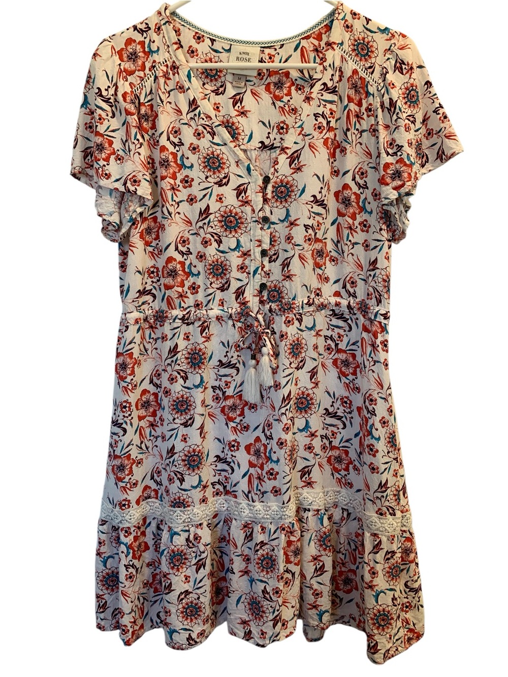Knox Rose V-Neck Boho Knee Length Dress White Floral Size Medium